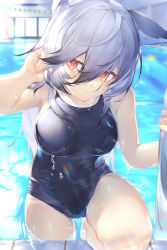 1girl animal_ear_fluff animal_ears bare_arms bare_legs bare_shoulders blush breasts commentary_request dabuki hair_between_eyes highres indoors long_hair looking_at_viewer one-piece_swimsuit original pool red_eyes school_swimsuit silver_hair smile solo swimsuit wading water water_drop wet wolf_ears wolf_girl rating:Sensitive score:18 user:danbooru