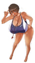  1girl blush breasts brown_eyes brown_hair cleavage full_body hanging_breasts heart heart-shaped_pupils huge_breasts leaning_forward looking_at_viewer open_mouth puzenketsu shiny_skin short_hair solo standing sweat swimsuit symbol-shaped_pupils  rating:Explicit score:12 user:Zantonella