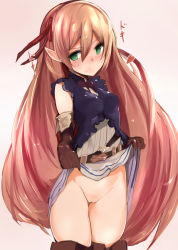 1girl arisa_(shadowverse) belt blonde_hair blush boots clothes_lift elbow_gloves gloves green_eyes hair_ribbon heart highres long_hair muoto no_panties pointy_ears pussy ribbon shadowverse skirt skirt_lift smile solo standing thigh_boots thighhighs uncensored very_long_hair rating:Explicit score:67 user:danbooru