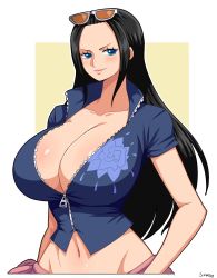  1girl absurdres aqua_eyes artist_name black_hair blush breasts cleavage collarbone groin highres huge_breasts jacket leather leather_jacket long_hair navel nico_robin one_piece simmsy simple_background smile solo stomach sunglasses_on_head  rating:Questionable score:88 user:JustHere4Butts