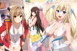  10s 3girls :d absurdres aiguillette amagi_brilliant_park antenna_hair bare_shoulders black_hair blonde_hair blue_eyes blush bow breasts brown_eyes brown_hair cleavage collarbone covering_privates covering_breasts dress flower hair_bow hair_flower hair_intakes hair_ornament hair_ribbon hair_tubes highres koborii_(amaburi) large_breasts locker locker_room long_hair long_sleeves looking_at_viewer megami_magazine multiple_girls off_shoulder official_art open_clothes open_mouth open_shirt ponytail ribbon scan sento_isuzu shirt skirt smile sylphy_(amaburi) takemoto_yasuhiro thighhighs topless twintails two_side_up undressing uniform untied white_legwear wrist_cuffs 