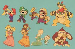  6+boys 6+girls :d ^_^ angry aqua_background aqua_dress arm_up armlet arms_up baby baby_bowser baby_daisy baby_donkey_kong baby_luigi baby_mario baby_peach baby_rosalina baby_wario banana blonde_hair blue_eyes blue_overalls blue_pants bowser bracelet brooch brown_eyes brown_footwear brown_hair cape carrying claws cleft_chin clenched_hands clenched_teeth closed_eyes closed_mouth collar commentary_request crown donkey_kong dress earrings eating elbow_gloves eye_contact eyelashes facial_hair flower_earrings food fruit gloves green_footwear green_headwear green_shirt hat highres holding holding_food holding_fruit holding_hands holding_wand horns jewelry lips long_hair long_sleeves looking_at_another luigi magnet mario mario_(series) mario_kart mario_kart_8 mario_kart_wii multiple_boys multiple_girls mustache necktie nintendo open_mouth orange_dress overalls pacifier pants piggyback pink_dress pointy_ears princess_daisy princess_peach profile puffy_short_sleeves puffy_sleeves purple_overalls purple_pants red_eyes red_hair red_headwear red_necktie red_shirt rinabee_(rinabele0120) rosalina sharp_teeth shirt shoes short_hair short_sleeves shoulder_carry simple_background sitting smile sphere_earrings spiked_armlet spiked_bracelet spiked_collar spiked_shell spikes star_(symbol) star_brooch star_earrings star_wand swept_bangs teeth time_paradox topknot turtle_shell upper_teeth_only v-shaped_eyebrows walking wand wario white_gloves yellow_cape yellow_headwear yellow_shirt yoshi&#039;s_island_ds 