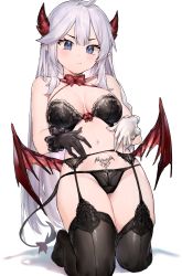 1girl absurdres ahoge asymmetrical_gloves bare_arms bare_shoulders black_bra black_gloves black_panties black_thighhighs blue_eyes bow bowtie bra breasts cleavage criss-cross_halter crotch_seam demon_girl demon_horns demon_tail demon_wings frown garter_belt gloves groin halterneck highres horns kneeling large_breasts long_hair looking_at_viewer low_wings mismatched_gloves navel neonbeat no_shoes panties pointy_ears pout pubic_tattoo shadow simple_background skindentation solo stomach string_bra string_panties tail tail_bow tail_ornament tattoo thighhighs thighs underwear underwear_only v-shaped_eyebrows vei_(vtuber) vei_(vtuber)_(4th_costume) very_long_hair virtual_youtuber vshojo white_background white_gloves white_hair wings rating:Sensitive score:187 user:danbooru