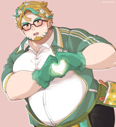  1boy bara belly blush facial_hair flower glasses goatee green_hair hair_flower hair_ornament heart heart-shaped_boob_challenge heart_hands highres hippolytus_(housamo) jacket large_pectorals looking_at_viewer male_focus medium_sideburns multicolored_hair pectorals pump short_hair sideburns_stubble solo streaked_hair stubble thick_eyebrows tokyo_houkago_summoners track_jacket two-tone_beard yu062424 