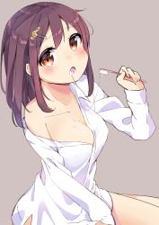1girl :o bare_shoulders blush breasts brown_eyes brushing_teeth chikuwa. clothes_pull fortissimo hair_ornament looking_at_viewer medium_breasts musical_note musical_note_hair_ornament open_mouth original purple_hair saliva shirt shirt_pull solo toothbrush toothpaste treble_clef rating:Questionable score:12 user:danbooru