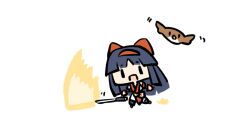 1girl ainu_clothes attack black_eyes blue_hair breasts chibi fingerless_gloves gloves legs mamahaha nakoruru open_mouth pants samurai_spirits small_breasts smile snk the_king_of_fighters thighs weapon
