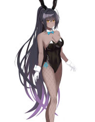 1girl absurdres alternate_costume animal_ears bare_shoulders black_hair black_leotard blue_archive blue_bow blush bow bowtie breasts cleavage closed_mouth covered_navel curvy dark-skinned_female dark_skin detached_collar feet_out_of_frame fishnet_pantyhose fishnets gloves highleg highleg_leotard highres karin_(blue_archive) karin_(bunny)_(blue_archive) kuyoumi large_breasts leotard long_hair official_alternate_costume pantyhose playboy_bunny shiny_clothes shiny_skin traditional_bowtie very_long_hair white_background white_gloves wide_hips yellow_eyes rating:Sensitive score:13 user:danbooru