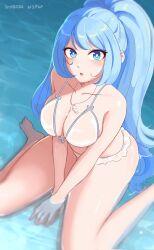 1girl :o artist_name barefoot between_legs bikini blue_eyes blue_hair blurry blush bokeh boku_no_hero_academia breasts cleavage collarbone commentary depth_of_field english_commentary feet front-tie_bikini_top front-tie_top hadou_nejire hand_between_legs highres jewelry large_breasts long_hair looking_at_viewer necklace open_mouth shell shell_necklace shibbunny sitting sitting_on_water solo swimsuit teeth upper_teeth_only very_long_hair wariza water wet white_bikini 