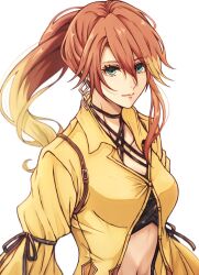  1girl crop_top double-parted_bangs eiyuu_densetsu green_eyes hair_between_eyes judith_ranster kai_no_kiseki looking_at_viewer multicolored_hair open_clothes open_shirt partially_unbuttoned red_hair side_ponytail smile solo two-tone_hair upper_body yukiko_(leovioykk) 