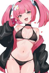  1girl :3 :d bikini black_bikini black_jacket blunt_bangs breasts commentary_request coral_(pokemon) creatures_(company) fang game_freak gen_4_pokemon gluteal_fold grey_eyes heart jacket kamidan long_sleeves medium_breasts navel nintendo open_clothes open_jacket open_mouth pink_hair pokemon pokemon_(anime) pokemon_(creature) pokemon_horizons rotom rotom_phone short_hair simple_background smile solo swimsuit thighs twintails underboob white_background  rating:Sensitive score:18 user:danbooru