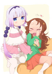  2girls beads blue_eyes child closed_eyes commentary_request dress embarrassed gradient_hair grey_hair hair_beads hair_ornament hand_on_another&#039;s_stomach heart highres kanna_kamui kobayashi-san_chi_no_maidragon long_sleeves looking_at_viewer multicolored_hair multiple_girls open_mouth pink_dress puffy_sleeves purple_hair red_skirt saikawa_riko sitting skirt socks standing standing_on_one_leg tabayan_jigokuhen thighhighs translation_request white_socks white_thighhighs 