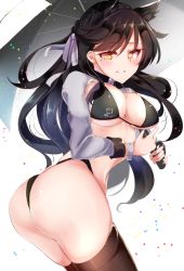  1girl animal_ears ashino ass atago_(azur_lane) azur_lane bikini black_bikini black_bra black_hair black_panties black_thighhighs blush bra breasts cleavage hair_between_eyes hair_ribbon jacket large_breasts logo long_hair long_image long_sleeves looking_at_viewer mole mole_under_eye navel open_clothes open_shirt orange_eyes panties race_queen ribbon shirt simple_background smile solo standing swimsuit symbol-shaped_pupils tall_image thighhighs thighs umbrella underwear very_long_hair white_background white_jacket white_ribbon white_shirt wolf_ears  rating:Questionable score:10 user:Ssach
