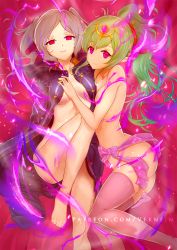  2girls aura barefoot breasts brown_hair cleavage coat fire_emblem fire_emblem:_mystery_of_the_emblem fire_emblem_awakening fire_emblem_heroes glowing glowing_eyes green_hair grima_(fire_emblem) looking_at_viewer medium_breasts multiple_girls naked_coat navel nintendo nude pointy_ears ponytail purple_eyes robin_(female)_(fire_emblem) robin_(fire_emblem) sideboob smile stomach tiki_(adult)_(fire_emblem) tiki_(fire_emblem) twintails vekneim watermark web_address  rating:Questionable score:26 user:danbooru