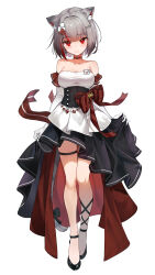  1girl absurdres animal_ear_fluff animal_ears ankle_lace-up ankle_strap armpit_crease badge bare_shoulders black_bow black_dress black_footwear blunt_bangs blush bow breasts button_badge cat_ears cat_girl cat_tail choker cleavage closed_mouth collarbone colored_inner_animal_ears commentary_request corset cross-laced_footwear dress drop_earrings earrings elbow_gloves firehippo flower frilled_gloves frills full_body gloves grey_hair grey_tail hair_flower hair_intakes hair_ornament hairclip head_tilt high-low_skirt highres jewelry knees large_breasts layered_dress long_dress looking_at_viewer maro_(neneko_mashiro) multicolored_clothes multicolored_dress multicolored_hair neneko_mashiro raised_eyebrows red_bow red_choker red_dress red_eyes red_hair red_ribbon ribbon short_hair simple_background single_earring skindentation skirt_hold smile solo standing stellive strapless strapless_dress strappy_heels streaked_hair striped_bow studded_choker tail tail_bow tail_ornament thick_eyelashes thigh_strap underbust virtual_youtuber white_background white_dress white_gloves 