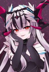  1girl black_gloves black_hair choker dark_persona dragon_horns dress feather_hair_ornament feathers fire_emblem fire_emblem_engage gloves grey_hair hair_ornament horns komurice long_hair looking_at_viewer multicolored_hair nintendo official_alternate_costume official_alternate_eye_color petite red_eyes smile smug solo twitter_username two-tone_hair very_long_hair veyle_(fell_successor)_(fire_emblem) veyle_(fire_emblem) white_hair 