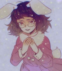  1girl :d adapted_costume ahoge animal_ears bespectacled brown_eyes brown_hair buck_teeth chromatic_aberration coat cowboy_shot drawstring floppy_ears fur-trimmed_sleeves fur_trim glasses grey_background hands_up highres inaba_tewi long_sleeves medium_hair messy_hair open_mouth own_hands_together purple_coat rabbit_ears rabbit_tail short_bangs smile snowing solo tail teeth touhou upper_body womu 