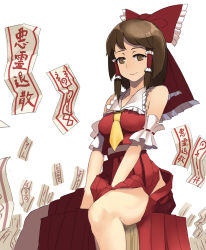  1girl bad_id bad_pixiv_id bare_shoulders breasts brown_eyes brown_hair hair_ribbon hair_tubes hakurei_reimu highres japanese_clothes looking_at_viewer medium_breasts midriff miko necktie nontraditional_miko ofuda ribbon shirt short_hair silvers simple_background sitting skirt skirt_set smile solo touhou white_background 