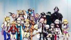  6+boys 6+girls alternate_costume animal_ears artoria_pendragon_(all) artoria_pendragon_(fate) artoria_pendragon_(swimsuit_ruler)_(fate) astolfo_(fate) astolfo_(memories_at_trifas)_(fate) astolfo_(saber)_(fate) bandages belt black_belt black_hair blonde_hair blue_eyes blue_fire blush bra bradamante_(fate) bradamante_(third_ascension)_(fate) breasts caenis_(swimsuit_rider)_(first_ascension)_(fate) cape charlemagne_(fate) closed_eyes dark_skin edmond_dantes_(fate) fang fate/grand_order fate_(series) fire glasses green_cape green_eyes green_hat hat headpat headphones headpiece highres holding holding_sword holding_weapon hood hoodie horns jack_the_ripper_(fate/apocrypha) jacket jeanne_d&#039;arc_(fate) jeanne_d&#039;arc_alter_(fate) jeanne_d&#039;arc_alter_(swimsuit_berserker)_(fate) jeanne_d&#039;arc_alter_santa_lily_(fate) king_hassan_(fate) large_breasts lazyartlazy12 leotard mash_kyrielight medium_breasts mordred_(fate) mordred_(memories_at_trifas)_(fate) mordred_(swimsuit_rider)_(first_ascension)_(fate) morgan_le_fay_(fate) multicolored_hair multiple_boys multiple_girls open_clothes open_mouth pink_hair pink_shorts playboy_bunny ponytail purple_eyes purple_jacket rabbit_ears scarf shirt shorts small_breasts swimsuit sword taira_no_kagekiyo_(fate) tank_top thumbs_down twintails underwear ushiwakamaru_(fate) voyager_(fate) weapon white_cape white_hair white_hoodie white_shirt yellow_eyes 