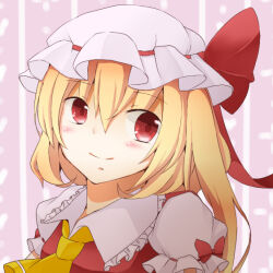  1girl ascot blonde_hair breasts closed_mouth collared_shirt flandre_scarlet frilled_shirt_collar frilled_sleeves frills hair_between_eyes hat light_smile long_hair mob_cap mumu-crown one_side_up puffy_short_sleeves puffy_sleeves red_eyes red_ribbon red_vest ribbon ribbon-trimmed_headwear ribbon_trim shirt short_sleeves simple_background sleeve_bow sleeve_ribbon small_breasts solo touhou vest white_hat white_shirt yellow_ascot 