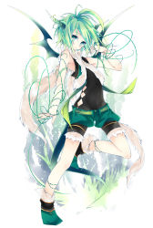  1boy androgynous bare_shoulders boots demon demon_boy demon_tail demon_wings green_eyes green_hair highres horns leeannpippisum looking_at_viewer male_focus matching_hair/eyes multicolored_eyes original pointy_ears red_eyes short_hair shorts solo tail trap wings  rating:Sensitive score:26 user:danbooru