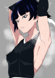  1girl absurdres armpits arms_up black_hair bleach blunt_bangs breasts commentary_request covered_erect_nipples elbow_gloves gloves grey_background grey_eyes highres japanese_clothes looking_at_viewer motion_lines parted_lips pxo6ri4xwwmhkgu short_hair short_hair_with_long_locks sideless_outfit simple_background sleeveless small_breasts solo steam steaming_body sui-feng sweat upper_body 