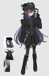  1girl :o absurdres animal_ears arm_at_side black_footwear black_gloves black_hat black_jacket black_skirt boots bright_pupils buttons cabbie_hat dagger full_body gloves goat_ears goat_horns gradient_legwear grey_background hand_up hat hat_chain highres horns horns_through_headwear hyow index_finger_raised jacket knee_boots knife layered_clothes long_hair long_sleeves looking_up original parted_lips photo_inset pink_eyes pleated_skirt purple_hair shoelaces sidelocks simple_background single_glove skirt star-shaped_pupils star_(symbol) symbol-shaped_pupils thighhighs very_long_hair weapon white_pupils wing_collar 