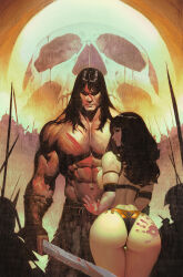  ass blood bodypaint conan_the_barbarian handprint highres ickpot leather long_hair menacing moon muscular muscular_female muscular_male orange_sky parody shadow silhouette skull sky standing style_parody sword weapon wristband 