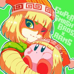  arms_(game) blonde_hair blush_stickers colored_skin copy_ability cosplay domino_mask green_background green_eyes kirby kirby_(series) knit_hat mask min_min_(arms) min_min_(arms)_(cosplay) nintendo one_eye_closed outline pink_skin short_hair solid_oval_eyes super_smash_bros. white_outline yuni_(unitary_580) 
