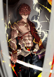  1boy abs absurdres emiya_shirou fate/grand_order fate_(series) highres holding holding_weapon igote japanese_clothes katana kdm_(ke_dama) looking_at_viewer male_focus orange_hair pectorals senji_muramasa_(fate) short_hair single_bare_shoulder solo sword toned toned_male topless_male weapon wristband yellow_eyes 