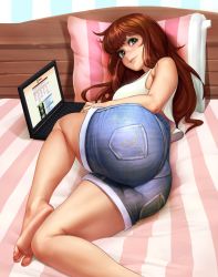  1girl absurdres ass ass_focus bare_shoulders barefoot bed breasts brown_hair computer denim denim_shorts feet green_eyes highres huge_ass kairunoburogu laptop long_hair looking_at_viewer lying medium_breasts on_side pillow plantar_flexion revision shorts smile soles solo thick_thighs thighs toes  rating:Sensitive score:344 user:ssfl