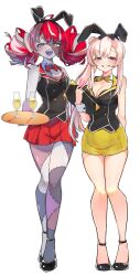 2girls absurdres airani_iofifteen animal_ears black_footwear blush bow bowtie breasts bunny_garden buttons champagne_flute cleavage colored_skin cup double-breasted double_bun drinking_glass fake_animal_ears full_body gradient_hair grey_hair grey_skin hair_bun hair_ornament heterochromia high_heels highres holding holding_tray hololive hololive_indonesia hostess kghazir kureiji_ollie long_hair looking_at_viewer medium_breasts multicolored_hair multicolored_skin multiple_girls nontraditional_playboy_bunny open_mouth patchwork_skin pink_hair purple_eyes rabbit_ears red_eyes red_hair side_ponytail simple_background skirt small_breasts smile standing stitched_face stitches tray vest virtual_youtuber white_background wrist_cuffs yellow_eyes zombie