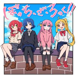  4girls :d ahoge ankle_socks arm_support asymmetrical_bangs bare_legs black_pantyhose black_ribbon black_socks black_sweater blonde_hair blue_hair blue_skirt blue_sky bocchi_the_rock! brick_wall brown_eyes brown_footwear buttons cloud cocokana collared_shirt cube_hair_ornament cumulonimbus_cloud day dot_nose double-breasted expressionless furrowed_brow gotoh_hitori grey_sailor_collar grey_shirt grey_skirt hair_between_eyes hair_ornament hairclip head_tilt highres ijichi_nijika jacket kita_ikuyo kneehighs light_blush loafers long_hair long_sleeves looking_at_viewer looking_to_the_side mole mole_under_eye multiple_girls neck_ribbon one_side_up open_mouth outdoors outside_border pantyhose parted_bangs pink_hair pink_jacket pleated_skirt red_footwear red_hair ribbon sailor_collar shirt shoes short_hair short_sleeves side_ponytail sidelocks sitting skirt sky smile sneakers socks sweater track_jacket translation_request white_shirt wide_sleeves yamada_ryo yellow_eyes 