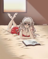  00s 1girl bed book breasts cleavage glasses grey_hair hanazono_shizuma indoors large_breasts long_hair looking_at_viewer lying nightgown on_stomach smile solo strawberry_panic! the_pose yellow_eyes  rating:Questionable score:24 user:supernova1337