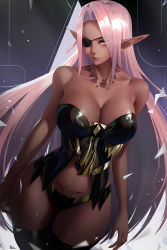  1girl artist_request bare_shoulders breasts cleavage cowboy_shot curvy dark-skinned_female dark_elf dark_skin dutch_angle elf eyepatch female_focus highres large_breasts legs_together long_hair looking_at_viewer no_bra obaoba_(monkeyix) pink_hair pointy_ears pubic_tattoo revealing_clothes solo strapless tagme tattoo thighhighs very_long_hair wide_hips yellow_eyes  rating:Questionable score:29 user:Hoboman