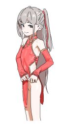  1girl alice_(as109) azmira1534815 blue_eyes borrowed_character china_dress chinese_clothes covered_erect_nipples detached_sleeves dress flat_chest grey_hair highres long_hair no_panties original red_dress simple_background sketch solo two_side_up white_background 
