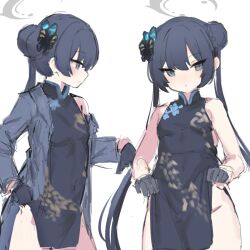  black_dress black_gloves black_hair blue_archive braid braided_bun butterfly_hair_ornament china_dress chinese_clothes clothes_pull coat commentary double_bun dragon_print dress dress_pull expressionless gloves grey_coat grey_eyes hair_bun hair_ornament half_gloves halo ishi_midori kisaki_(blue_archive) long_hair looking_at_viewer pelvic_curtain print_dress short_dress side_slit simple_background sketch sleeveless sleeveless_dress symbol-only_commentary twintails white_background 