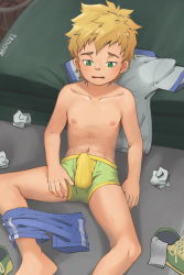 1boy artist_name blonde_hair blue_shorts boxer_briefs bulge character_request clothes_pull unworn_clothes erection erection_under_clothes unworn_footwear green_boxer_briefs green_eyes green_footwear green_male_underwear gym gym_storeroom highres unworn_legwear male_focus male_underwear navel nipples pants pants_pull shirt unworn_shirt shoes short_sleeves shorts shorts_around_one_leg sneakers socks unworn_socks tadow tissue underwear underwear_only used_tissue white_legwear white_shirt yellow_boxer_briefs rating:Explicit score:67 user:Hooly
