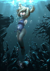  1girl absurdres asphyxiation bdsm blonde_hair bondage bound bubble drowning highres one-piece_swimsuit peril rolling_eyes rou271 swimsuit twintails underwater yellow_eyes you&#039;re_doing_it_wrong  rating:Explicit score:18 user:buuda