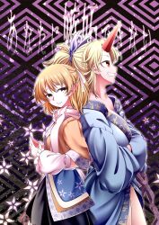  0-den 2girls bare_legs black_skirt blonde_hair blue_kimono brown_jacket closed_mouth cowboy_shot crossed_arms finger_touching grin highres horns hoshiguma_yuugi hoshiguma_yuugi_(kimono) jacket japanese_clothes kimono mizuhashi_parsee multiple_girls ponytail red_eyes red_horns single_horn skirt smile touhou translation_request yellow_eyes 