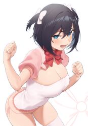  1girl ass black_hair blue_eyes bow bowtie breasts butt_crack cleavage commentary_request hair_between_eyes highres large_breasts looking_at_viewer lower_teeth_only nekoshoko open_mouth original puffy_short_sleeves puffy_sleeves red_bow red_bowtie ribbon shirt short_hair short_sleeves simple_background solo teeth thighhighs two_side_up white_background white_ribbon white_shirt white_thighhighs 