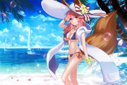  1girl animal_ear_fluff animal_ears bikini blue_bikini boat breasts cleavage commentary commentary_request ears_through_headwear fate/grand_order fate_(series) flower fox_ears fox_girl fox_tail groin hair_flower hair_ornament hat highres large_breasts looking_at_viewer navel ocean outdoors palm_leaf palm_tree palms parasol pink_hair side-tie_bikini_bottom solo sun_hat swimsuit tail tamamo_(fate) tamamo_no_mae_(fate/extra) tamamo_no_mae_(swimsuit_lancer)_(fate) tamamo_no_mae_(swimsuit_lancer)_(third_ascension)_(fate) tree uiu umbrella watercraft yellow_eyes 