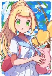 1girl :o absurdres backpack bag blonde_hair braid character_doll clefairy cloud commentary_request creatures_(company) day doll eyelashes game_freak gen_1_pokemon green_eyes highres holding holding_doll lillie_(pokemon) long_hair looking_at_viewer nintendo open_mouth outdoors palm_tree papion pink_bag pleated_skirt poke_doll_(item) pokemon pokemon_sm sailor_collar shirt short_sleeves skirt sky solo tree white_shirt white_skirt 