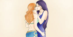 2girls black_hair closed_eyes girl_on_top hand_on_back hip_focus kiss multiple_girls nami_(one_piece) nico_robin one_piece orange_hair yuri rating:Questionable score:10 user:Unnlo