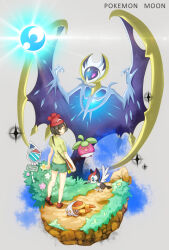  1girl bare_legs beanie bird black_hair blue_eyes bounsweet closed_mouth commentary creatures_(company) crescent dirt english_commentary flower game_freak gen_7_pokemon grass green_shorts grey_background grubbin hat image_sample legendary_pokemon lunala matsu-jun nintendo path pikipek pokemon pokemon_(creature) pokemon_sm purple_eyes red_footwear road road_sign selene_(pokemon) shirt shoes short_hair short_sleeves shorts sign smile sneakers solo sparkle third-party_source wings yellow_eyes yellow_shirt 