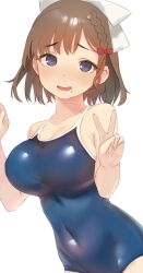  1girl asahi_(kancolle) blue_one-piece_swimsuit breasts brown_hair collarbone competition_school_swimsuit covered_navel cowboy_shot grey_eyes hair_ribbon highres kantai_collection large_breasts looking_at_viewer mole mole_under_mouth one-piece_swimsuit ribbon sakieko school_swimsuit short_hair solo swimsuit v white_background white_ribbon 