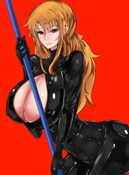  1girl arched_back bodysuit breasts cleavage cleavage_cutout clothing_cutout cowboy_shot highres holding holding_staff huge_breasts latex latex_bodysuit leaning_forward long_hair nami_(one_piece) one_piece orange_hair red_background solo staff tongue tongue_out tsurime  rating:Questionable score:21 user:Nami6464