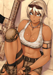 1girl 23_(real_xxiii) :&lt; abs against_wall ankle_boots armband assault_rifle bare_shoulders belt blonde_hair boots breasts camouflage cleavage collarbone crack cross-laced_footwear dark-skinned_female dark_skin digital_camouflage eyewear_on_head female_focus fingerless_gloves gloves gun highres jewelry knee_pads large_breasts m4_carbine midriff military muscular navel necklace orange_eyes original rifle sela_(23) shiny_skin short_hair short_shorts shorts silver_hair sitting socks solo sports_bra sunglasses tan tank_top thigh_strap toned tying weapon yellow_eyes rating:Sensitive score:328 user:danbooru