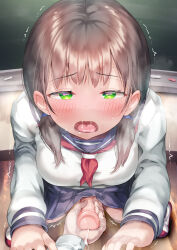  1girl ahegao ayanakitori blush breasts brown_hair bulge classroom close-up decensored erection erection_under_clothes futanari green_eyes handjob high-angle_view highres large_penis looking_at_viewer medium_breasts penis penis_grab pov school school_uniform short_hair skirt solo_focus standing third-party_edit uncensored  rating:Explicit score:283 user:SilverVenturous