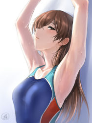 10s 1girl armpits arms_up breasts brown_eyes brown_hair competition_swimsuit idolmaster idolmaster_cinderella_girls idolmaster_cinderella_girls_starlight_stage long_hair nitta_minami one-piece_swimsuit solo swimsuit ulrich_(tagaragakuin) rating:Sensitive score:27 user:danbooru