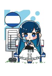  1girl animal animal_on_lap bench black_cat blue_eyes blue_footwear blue_hair bright_pupils bus_stop cat cat_on_lap cevio closed_mouth commentary dress food frilled_dress frills futaba_minato hair_ornament hairclip holding holding_food holding_popsicle legs_together long_hair looking_at_viewer on_lap oyasumi_makura popsicle shoes sign sitting solo straight-on very_long_hair white_dress white_pupils 